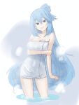  1girl absurdres alternate_hairstyle aqua_(konosuba) arm_under_breasts bare_shoulders blue_eyes blue_hair breasts cleavage collarbone commentary_request covered_navel hair_bun hand_on_own_arm highres kono_subarashii_sekai_ni_shukufuku_wo! kotlight long_hair looking_at_viewer medium_breasts naked_towel portuguese_commentary smile solo standing steam towel very_long_hair wading water wet 