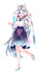  1girl :d ;d absurdres animal_ear_fluff animal_ears blue_skirt clothing_cutout edomura_niniko fox_ears fox_girl fox_shadow_puppet full_body gradient_clothes gradient_skirt hair_ribbon hands_up high_heels highres long_hair looking_at_viewer nhk_(voiceroid) official_art one_eye_closed open_mouth parted_bangs pink_eyes ponytail purple_skirt ribbon shirt shoes short_sleeves shoulder_cutout simple_background skirt smile solo standing standing_on_one_leg touhoku_itako transparent_background very_long_hair voiceroid white_hair white_shirt white_shoes 