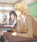  1boy 2girls absurdres aether_(genshin_impact) black_hair blonde_hair blue_hair blunt_bangs blunt_tresses braid breasts cellphone chalkboard commentary desk earrings english_commentary genshin_impact green_eyes grey_vest hair_ribbon head_rest highres holding holding_phone jewelry kamisato_ayaka kneehighs long_hair long_sleeves looking_to_the_side mole mole_under_eye mona_(genshin_impact) multiple_girls open_mouth parted_lips phone ponytail ribbon school_desk school_uniform shirt smartphone socks sweater tetsuffy_(tetsulul) tress_ribbon twintails twitter_username vest white_shirt 