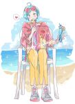  1boy ahoge am_ber aqua_hair bangs_pinned_back beach blue_shirt blue_sky blush bracelet chair clothes_writing cloud commentary_request covered_mouth crazy_straw cup drinking_straw earclip earrings ensemble_stars! eyewear_on_head food fruit full_body green_eyes hair_ornament happy_birthday heart highres holding holding_cup holding_ice_cream_cone hood hooded_jacket ice_cream_cone jacket jewelry lawn_chair lemon lemon_slice male_focus multicolored_shirt multiple_earrings o-ring ocean official_alternate_costume on_chair open_clothes open_jacket outdoors pants parted_bangs patch pink_jacket pink_shirt pocket red-tinted_eyewear see-through_bracelet shinkai_kanata shirt shoes short_hair sitting sky sneakers solo sparkle sparkling_aura spoken_heart summer summer_snow_(ensemble_stars!) three-quarter_sleeves tie-dye tinted_eyewear tropical_drink twitter_username white_background white_shoes x_hair_ornament yellow_lining yellow_pants zipper_pull_tab 