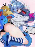  1girl absurdres alternate_costume alternate_hairstyle aqua_(konosuba) ass azumarill black_shorts blue_socks blush character_doll closed_eyes commentary_request cube_hair_ornament doll dolphin_shorts drooling foot_out_of_frame gradient_background hair_bun hair_ornament highres holding holding_doll kneehighs kono_subarashii_sekai_ni_shukufuku_wo! kotlight long_hair open_mouth panties panty_peek pink_background pokemon pokemon_(creature) portuguese_commentary psyduck revision short_shorts shorts sleeping socks solo striped_clothes striped_socks sweater tablet_pc thighs two-tone_socks underwear vertical-striped_clothes vertical-striped_socks white_panties white_socks white_sweater wobbuffet wooper 