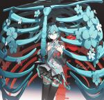  1girl adapted_hairstyle aqua_eyes aqua_flower aqua_hair aqua_necktie aqua_trim artist_name bare_shoulders black_skirt black_sleeves black_thighhighs bone closed_mouth detached_sleeves dot_nose flower flower_request hair_between_eyes hands_on_own_chest hatsune_miku highres kieed looking_at_viewer necktie number_tattoo pleated_skirt ribs shirt shoulder_tattoo signature skirt sleeveless sleeveless_shirt solo spinal_cord tattoo thighhighs vocaloid white_flower wide_sleeves 
