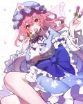  1girl absurdres blue_hat blue_kimono blue_ribbon breasts commentary dango eating falling_petals food frilled_kimono frills hat highres holding holding_skewer japanese_clothes kimono large_breasts long_hair long_sleeves looking_at_viewer mob_cap neck_ribbon petal_print petals pink_eyes pink_hair pink_petals print_kimono ribbon ribbon-trimmed_sleeves ribbon_trim saigyouji_yuyuko samon_(vxxr8575) sanshoku_dango skewer sleeve_garter solo touhou triangular_headpiece wagashi wide_sleeves 