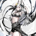  1girl :o arknights armlet armpits arms_up bangs bikini black_bikini black_ribbon blunt_bangs breasts cleavage cowboy_shot croquette_crab eyebrows_visible_through_hair flower from_side hair_flower hair_ornament hammer highres holding holding_hammer holding_weapon horns jewelry large_breasts long_hair looking_at_viewer looking_to_the_side mudrock_(arknights) mudrock_(silent_night)_(arknights) navel necklace official_alternate_costume open_mouth red_eyes ribbon sidelocks silver_hair simple_background solo stomach swimsuit underboob very_long_hair weapon white_background yellow_flower 