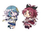  2girls above-cleavage_cutout anime_coloring antenna_hair armlet asymmetrical_legwear bandage_over_one_eye bandaged_head bandages belt belt_buckle black_bow black_shirt black_thighhighs black_wrist_cuffs blue_belt blue_boots blue_collar blue_eyes blue_gem blue_gloves blue_hair blue_shirt blue_skirt blue_sleeves blush_stickers boots bow braid buckle buttons cape chest_jewel chibi clenched_hand clothing_cutout collar collared_cape collared_dress commentary_request covered_mouth crown_braid detached_collar detached_sleeves diamond_button diamond_print dress floating_clothes fortissimo frilled_dress frilled_shirt frills gecchu gem gloves gold_buckle grey_sleeves grin hair_bow hair_ornament hairclip happy high_collar high_heel_boots high_heels highres jewelry jumping knee_boots kneehighs large_bow long_dress long_hair long_sleeves magical_girl mahou_shoujo_madoka_magica mahou_shoujo_madoka_magica:_walpurgis_no_kaiten merchandise_available miki_sayaka miki_sayaka_(magical_girl) miniskirt multiple_girls musical_note musical_note_hair_ornament official_style outstretched_arm parted_bangs pink_skirt pleated_skirt ponytail print_shirt puffy_short_sleeves puffy_sleeves red_boots red_dress red_eyes red_gem red_hair sakura_kyoko sakura_kyoko_(magical_girl) sample_watermark shirt shirt_under_dress short_hair short_sleeves simple_background single_kneehigh single_sock single_thighhigh skirt skirt_under_dress smile socks soul_gem_(madoka_magica) stomach_jewel strapless strapless_shirt tailcoat tareme thighhighs tsurime two-tone_shirt very_long_hair watermark white_background white_bow white_cape white_shirt white_sleeves white_socks white_thighhighs wrist_cuffs 