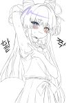  1girl :3 ahoge arm_up armpits bare_arms bare_shoulders blue_eyes blush bow closed_mouth commentary_request double_bun embarrassed hair_between_eyes hair_bun hair_intakes hair_ornament half-closed_eyes hand_up heterochromia highres korean_commentary korean_text leeleo_25 long_hair looking_at_viewer neck_ribbon pom_pom_(clothes) pom_pom_hair_ornament ribbon sailor_collar shirt sidelocks simple_background sketch skirt sleeveless sleeveless_shirt smile solo sound_effects spot_color stellive sweat sweatdrop tail tenko_shibuki twintails upper_body v very_long_hair white_background yellow_eyes 