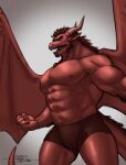  2021 abs anthro barazoku big_muscles big_pecs bulge clothed clothing dated dragon facial_hair fist gradient_background hair hi_res horn male muscular muscular_male nipples non-mammal_nipples pecs red_body shapeshifter_(artist) signature simple_background solo topless topless_male underwear underwear_only wings 