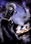  1girl arm_up closed_mouth cloud commentary_request crescent_moon grey_hair hand_in_own_hair hanuu izayoi_sakuya light_frown maid_headdress medium_hair moon morning outdoors shirt short_sleeves skirt sky solo sun touhou 