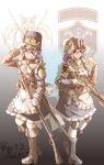  2girls absurdres apron arm_belt assault_rifle back_bow black_boots blue_dress boots bow brown_boots brown_corset bulletproof_vest candy chinese_commentary chocolate chocolate_bar combat_helmet commentary_request contemporary corset dated dress emblem epaulettes fairy fairy_maid_(touhou) fairy_wings fingerless_gloves fold-over_boots food fringe_trim full_body gloves goggles grey_gloves gun handgun helmet high_heel_boots high_heels highres holding holding_food holding_gun holding_weapon holster holstered knee_guards lace-up_boots looking_at_viewer maid military_combat_uniform military_uniform multiple_girls pointy_ears pouch purple_eyes purple_hair pzgr.40 rifle sheath sheathed sig_mcx sig_p220/p226 sig_sauer signature sword tactical_maid touhou trigger_discipline unconventional_maid waist_apron weapon white_apron white_bow white_gloves wings 