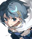  1girl absurdres blue_hair blue_skirt cape commentary fortissimo hair_ornament highres looking_at_viewer magical_girl mahou_shoujo_madoka_magica mahou_shoujo_madoka_magica_(anime) miki_sayaka miki_sayaka_(magical_girl) musical_note musical_note_hair_ornament short_hair simple_background skirt smile solo thitora twitter_username white_background white_cape 