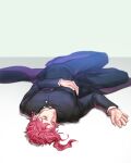  1boy earrings eyelashes gakuran hand_on_own_chest jewelry jojo_no_kimyou_na_bouken kakyoin_noriaki kankito long_coat lying male_focus red_hair school_uniform sleeping solo stardust_crusaders 