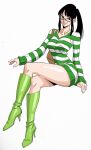  1girl black_hair boots closed_mouth commentary_request crossed_legs dress full_body glasses green_boots green_dress high_heel_boots high_heels highres nico_robin one_piece one_piece:_strong_world ponytail qj990x7co7iwi5z sidelocks smile solo striped_clothes striped_dress two-tone_dress white_dress 