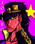  1boy black_hair blue_eyes blue_shirt chain character_name coat commentary english_commentary english_text gakuran hat highres jojo_no_kimyou_na_bouken kujo_jotaro long_coat looking_at_viewer male_focus one_eye_covered pink_background portrait school_uniform shirt slipnum solo star_(symbol) stardust_crusaders vertical_text 