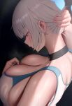  1girl absurdres arm_behind_head black_background black_choker blue_archive blue_halo breasts choker cleavage commentary fingernails grey_hair halo hibimaru highres kotone_(blue_archive) large_breasts long_hair mole mole_under_eye nape one-piece_swimsuit purple_eyes short_hair simple_background swimsuit upper_body wet white_one-piece_swimsuit 