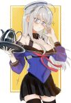  1girl adjusting_eyewear ahoge black_sailor_collar black_skirt black_thighhighs blue_eyes blue_shirt breasts cleavage coffee_mug coffee_pot commentary_request cup dixie_cup_hat glasses gloves grey_hair hat heywood_l._edwards_(kancolle) heywood_l._edwards_kai_(kancolle) highres holding holding_tray kantai_collection long_hair medium_breasts military_hat mug neckerchief off_shoulder sailor_collar school_uniform serafuku shirt skirt solo thighhighs tray white_gloves yukiwanko 