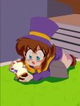  1990s_(style) 1girl a_hat_in_time ankle_boots blue_eyes blush boots brown_boots brown_hair brown_pants cape child closed_mouth commentary english_commentary faux_retro_artstyle full_body grass hat hat_kid hat_ribbon holding holding_hourglass hourglass jacket kokorohatsaru long_hair long_sleeves medium_hair open_mouth pants ponytail purple_hat purple_jacket retro_artstyle ribbon sidelocks smile solo split stairs top_hat yellow_cape yellow_ribbon zipper_pull_tab 