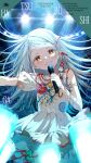  1girl absurdres album_cover blonde_hair blush concert cover dress dress_flower floating_hair flower gakuen_idolmaster glowstick highres idolmaster long_hair looking_at_viewer microphone official_art orange_eyes penlight_(glowstick) shinosawa_hiro smile solo stage_lights sunfaded_(idolmaster) sweat 