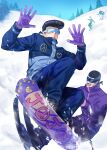  4boys black_hair diamond_wa_kudakenai gloves higashikata_josuke jojo_no_kimyou_na_bouken kakyoin_noriaki kankito kujo_jotaro male_focus multiple_boys nijimura_okuyasu peace_symbol pompadour purple_gloves ski_boots ski_gear ski_goggles ski_pole skiing skis snow snowboard snowboarding winter_clothes 