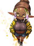  1girl alternate_breast_size_(larger) alternate_costume beanie black_jacket black_socks blonde_hair breasts brown_hat brown_shirt candy cheek_bulge closed_mouth colored_eyelashes commentary_request cropped_shirt cross-shaped_pupils dark-skinned_female dark_skin denim denim_shorts food food_in_mouth from_above frye_(splatoon) gradient_hair hands_in_pockets hat highres inkling jacket large_breasts lollipop lollipop_in_mouth long_pointy_ears multicolored_hair multiple_piercings navel open_clothes open_jacket orange_eyes pentagon_(shape) pointy_ears purple_hair sequential_piercings shirt shoes short_eyebrows short_shorts shorts signature sneakers socks solo splatoon_(series) splatoon_3 stomach striped_clothes striped_jacket symbol-shaped_pupils t2ukmyjm taut_clothes taut_shirt tentacle_hair thighs turtleneck white_background yellow_jacket yellow_pupils 