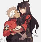  1boy 1girl archer_(fate) asymmetrical_legwear black_hair black_ribbon black_shirt black_thighhighs blue_eyes breasts collared_shirt commentary_request dark-skinned_male dark_skin earrings fate/stay_night fate_(series) hair_ribbon hand_on_another's_shoulder hetero honkai:_star_rail honkai_(series) hoop_earrings iida_toyoyuki jacket jewelry large_breasts long_hair looking_at_viewer red_jacket ribbon rin's_pendant_(fate) shirt short_hair single_leg_pantyhose sitting sitting_on_lap sitting_on_person skirt smile thighhighs tohsaka_rin tohsaka_rin_(honkai:_star_rail) twintails twitter_username two_side_up uneven_legwear white_hair white_skirt 