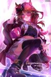  1girl :d absurdres animal_ears ankle_boots black_bow black_thighhighs boots bow bracelet braid breasts brown_hair chain choker commentary crop_top ear_ornament ears_through_headwear english_commentary english_text fedora fold-over_boots forever_young_(racing)_(umamusume) forever_young_(umamusume) full_body green_eyes hand_on_headwear hat highres horse_ears horse_girl jacket jewelry large_breasts long_hair long_sleeves looking_at_viewer multicolored_hair multiple_rings neckerchief necktie open_mouth purple-tinted_eyewear red_hat red_jacket ring shirt skirt smile solo streaked_hair sunglasses teeth thighhighs tinted_eyewear u-sukio. umamusume upper_teeth_only white_background white_neckerchief white_necktie white_skirt 