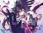  1girl adversarial_noise arm_cannon atom bird_wings black_thighhighs black_wings blurry bow brown_hair bug butterfly butterfly_hair_ornament cape chest_eye commentary_request control_rod_(touhou) depth_of_field feathered_wings green_bow green_skirt grin hair_bow hair_ornament highres long_hair looking_at_viewer print_cape purple_butterfly red_eyes reiuji_utsuho shirt single_thighhigh skirt smile solo starry_sky_print thighhighs third_eye touhou toutenkou two-sided_cape two-sided_fabric watermark watermark_grid weapon white_cape white_shirt wings 