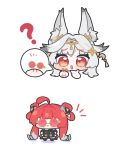  2girls :< :o ahoge animal_ear_fluff animal_ears blush_stickers chibi chibi_only commentary_request cropped_head forehead_tattoo fox_ears fox_girl full_body hair_intakes hair_ornament highres holding holding_removed_eyewear multiple_girls open_mouth red_eyes red_tattoo round_eyewear shirt simple_background syurikenmaru tattoo twintails unworn_eyewear white_background white_shirt wuthering_waves 