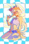  1boy animal_ears baseball_cap beegosek blue_eyes blue_hair bracelet bright_pupils crop_top final_fantasy final_fantasy_xiv food food_in_mouth full_body hair_between_eyes hat highres holding holding_food holding_popsicle invisible_floor jewelry looking_at_viewer male_focus melting_popsicle navel open_fly orange_hat orange_shorts popsicle popsicle_in_mouth short_hair short_shorts shorts sitting solo tail wariza warrior_of_light_(ff14) white_pupils 