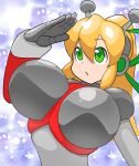  1girl :d aged_up android antennae armor arms_up blonde_hair bodysuit breast_missiles breastplate breasts buta_otoko commentary_request double-parted_bangs earphones eyes_visible_through_hair full_body gorget gradient_background green_eyes green_ribbon grey_bodysuit hair_between_eyes hair_ribbon hairband hand_on_own_forehead headphones high_ponytail highres hyper_roll_(marvel_vs._capcom) joints large_breasts large_variant_set long_hair looking_up marvel_vs._capcom marvel_vs._capcom_2 mechanical_arms mega_man_(classic) mega_man_(series) metal_gloves navel open_mouth parted_lips ponytail radio_antenna red_armor ribbon robot robot_girl robot_joints roll_(mega_man) shoulder_armor sidelocks simple_background smile solo standing upper_body variant_set 