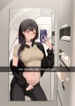  1girl ahoge airplane_interior arm_at_side ass_visible_through_thighs bathroom black_choker black_hair black_jacket black_nails black_pants blush breasts brown_shirt cellphone choker clothes_pull earrings english_commentary english_text facing_viewer grey_eyes hand_up headphones headphones_around_neck heart_on_cheek highres holding holding_phone jacket jacket_partially_removed jewelry legs_apart long_hair long_sleeves looking_ahead medium_breasts mirror mirror_selfie multicolored_hair multiple_earrings nabi_(wonnikon) narrowed_eyes navel original pants pants_pull paper_towel phone pull_cord pulling_own_clothes purple_hair selfie shirt short_sleeves smile solo stomach sweatpants tight_clothes tight_shirt two-tone_hair wonnikon 