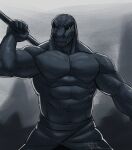  2021 anthro barazoku bottomwear clothed clothing dated dinosaur featureless_chest hi_res holding_object holding_staff holding_weapon looking_at_viewer male monochrome muscular muscular_male partially_clothed reptile scalie shaded shapeshifter_(artist) shorts signature sketch solo staff weapon 