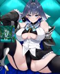  1girl absurdres black_gloves black_hair black_thighhighs blue_bow blue_bowtie blue_cape blue_eyes blue_gem blue_hair bow bow_earrings bowtie breasts brooch cape chain chain_headband cleavage closed_mouth clothing_cutout colored_inner_hair commentary couch cropped_shirt detached_sleeves earrings fanged_bangs gem gloves hair_intakes half-skirt heart-shaped_gem highres hololive hololive_english jewelry large_breasts light_smile looking_at_viewer multicolored_hair on_couch ouro_kronii ouro_kronii_(1st_costume) paid_reward_available partially_visible_vulva pinstripe_pattern pinstripe_shirt pinstripe_skirt puffy_detached_sleeves puffy_sleeves screenshot_inset shirt short_hair solo spread_legs thick_thighs thighhighs thighs tomo0843 two-tone_hair underboob veil vest virtual_youtuber white_veil white_vest 