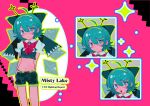  1girl absurdres alternate_costume bespectacled blue_bow blue_eyes blue_hair blue_shorts blue_vest bow bowtie chinese_commentary chunye_xiuluo cirno closed_mouth collared_shirt commentary_request cropped_shirt cropped_vest detached_wings glasses green_outline hair_bow hairband highres ice ice_wings looking_at_viewer midriff multiple_expressions multiple_views navel open_mouth outline puffy_short_sleeves puffy_sleeves red-framed_eyewear red_bow red_bowtie shirt short_sleeves shorts smile touhou vest white_shirt wings yellow_hairband 