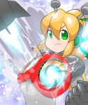  1girl :d aged_up android antennae armor arms_up blonde_hair bodysuit breast_missiles breastplate breasts buta_otoko clenched_hands commentary_request double-parted_bangs earphones eyes_visible_through_hair fighting_stance firing full_body gorget gradient_background green_eyes green_ribbon grey_bodysuit groin hair_between_eyes hair_ribbon hairband headphones high_ponytail highres hyper_roll_(marvel_vs._capcom) joints large_breasts large_variant_set long_hair looking_at_viewer marvel_vs._capcom marvel_vs._capcom_2 mechanical_arms mega_man_(classic) mega_man_(series) metal_gloves open_mouth ponytail radio_antenna red_armor ribbon robot robot_girl robot_joints rocket roll_(mega_man) serious shoulder_armor sidelocks simple_background smile solo standing steam upper_body variant_set 