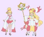  1girl :d absurdres anklet bell blonde_hair blunt_bangs chimecho dress earrings frilled_socks frills geta hair_bell hair_bun hair_ornament highres holding holding_staff japanese_clothes jewelry kimono kouhaku_nawa long_hair magical_girl mai_artwork mega_chimecho mega_pokemon miko nontraditional_miko open_mouth personification pink_background pink_sash pokemon red_kimono rope sandals sash shimenawa short_hair smile socks staff two-tone_kimono white_kimono white_socks wide_sleeves yellow_eyes 