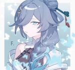  1girl aqua_eyes bare_shoulders blue_hair border braid breasts chinese_clothes chinese_hairpin commentary dress english_commentary eyeliner fu_hua grey_hair hair_bun hair_ornament hair_over_one_eye hair_stick highres honkai_(series) honkai_impact_3rd makeup manfu_w official_alternate_costume pankou qipao red_eyeliner see-through_cleavage see-through_clothes single_braid tassel upper_body 