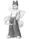  1girl :p ^_^ alternate_costume animal_hat baggy_pants bandaid bandaid_on_cheek bandaid_on_face bare_shoulders beanie belt belt_buckle blush breasts buckle cargo_pants choker closed_eyes collarbone commentary_request crop_top facing_viewer fang fox_girl fox_tail full_body greyscale hair_between_eyes hair_ornament hairclip hands_in_pockets hat highres jacket jewelry korean_commentary leeleo_25 long_hair long_sleeves midriff monochrome navel necklace off_shoulder open_clothes open_jacket pants puffy_long_sleeves puffy_sleeves shirt shoes simple_background small_breasts smile sneakers solo speech_bubble standing stellive stomach tail tank_top teeth tenko_shibuki thigh_strap tongue tongue_out very_long_hair white_background x_hair_ornament 