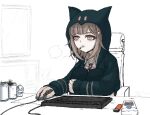  1girl blue_hoodie can cellphone chair cigarette computer_keyboard computer_mouse danganronpa_(series) danganronpa_2:_goodbye_despair formicid hood hood_up hoodie lighter nanami_chiaki neck_ribbon on_chair phone pink_eyes pink_hair pink_ribbon ribbon smoking solo white_background 