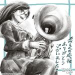  1girl commentary_request eupho-kun euphonium glasses graphite_(medium) greyscale hibike!_euphonium highres holding holding_instrument instrument kitauji_high_school_uniform long_hair monochrome official_art oota_minoru pantyhose school_uniform simple_background sitting smile solo tanaka_asuka traditional_media 