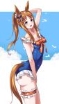  1girl animal_ears arm_up ass blue_eyes blue_one-piece_swimsuit blush bow breasts brown_hair collarbone commentary_request ear_bow ear_ribbon frilled_one-piece_swimsuit frilled_thigh_strap frills grass_wonder_(umamusume) highres horse_ears horse_girl horse_tail kino-p long_hair looking_at_viewer multicolored_hair one-piece_swimsuit open_mouth ponytail red_bow small_breasts smile solo swimsuit tail thigh_strap umamusume white_hair 