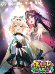  2girls :d ahoge aqua_eyes ascot azki_(4th_costume)_(hololive) azki_(hololive) black_gloves black_hair black_hairband blonde_hair bracelet braid brown_jacket chest_sarashi collared_dress colored_inner_hair commentary_request crossed_bangs double-parted_bangs dress egasumi fingerless_gloves gloves gold_bracelet green322 green_hakama hair_between_eyes hair_flaps hair_intakes hair_ornament hairband hairclip hakama hakama_short_skirt hakama_skirt half-jacket half_up_half_down_braid haori hololive hololive_official_card_game jacket japanese_clothes jewelry kazama_iroha kazama_iroha_(1st_costume) kimono long_hair looking_at_viewer mole mole_under_eye multicolored_hair multiple_girls official_art open_mouth pink_hair pink_streaks ponytail purple_eyes reaching reaching_towards_viewer sarashi skirt smile streaked_hair tabi teeth thigh_strap thighhighs upper_teeth_only very_long_hair virtual_youtuber white_ascot white_dress white_kimono white_streaks white_thighhighs wide_sleeves yellow_haori 