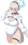  1girl blue_archive blush breasts commentary_request feet_out_of_frame glasses halo highres jacket kotone_(blue_archive) large_breasts nowheresoul open_mouth pregnancy_halo pregnant shirt simple_background solo standing tail white_background white_jacket white_shirt 