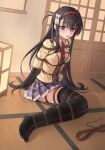  1girl absurdres andon arms_behind_back bdsm black_hair black_thighhighs blazer bondage bound bound_ankles bound_arms bound_breasts bound_thighs breasts brown_cardigan cardigan chuck_(harfmoondark) commentary_request hair_spread_out hairband highres indoors jacket long_hair looking_at_viewer miniskirt nijouin_hazuki no_shoes parted_lips pleated_skirt purple_skirt raised_inner_eyebrows red_hairband restrained riddle_joker rope scared shibari shibari_over_clothes sitting skindentation skirt small_breasts solo tatami thighhighs thin_calves worried yellow_jacket yokozuwari zettai_ryouiki 