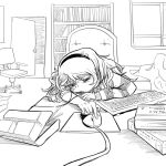  1girl 8chan :/ arms_on_table bags_under_eyes book bookshelf cable chair chopsticks computer_keyboard computer_mouse copyright_logo desk drawfag earbuds earphones exhausted freckles greyscale hairband half-closed_eyes hatching_(texture) head_on_table head_rest indoors infinity_symbol infinity_symbol_hair_ornament linear_hatching logo long_hair monochrome mousepad_(object) office_chair open_door pile_of_books portrait programming sitting sketch solo striped_clothes striped_sweater sweater swivel_chair takeout_container the_art_of_computer_programming third-party_source vivian_james window 