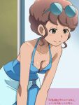  1girl awa blue_dress blush breasts brown_eyes brown_hair cleavage closed_mouth dress extra eyewear_on_head pokemon pokemon_(anime) pokemon_sm_(anime) short_hair smile solo sunglasses 