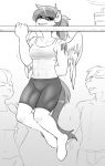 abs absurd_res anthro bodily_fluids bottomwear clothing exercise female friendship_is_magic glacierclear gym gym_bottomwear gym_clothing gym_shorts hi_res male my_little_pony rainbow_dash_(mlp) shorts sweat 