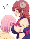  !? 2girls absurdres ahoge bangs bare_shoulders between_breasts breasts brown_hair chiyoda_momo curled_horns detached_sleeves eyebrows_visible_through_hair face_between_breasts from_side hair_ornament hairclip head_between_breasts highres horns large_breasts long_hair long_sleeves machikado_mazoku multiple_girls open_mouth poa_mellhen revealing_clothes ribbon shiny shiny_hair sideboob simple_background upper_body yoshida_yuuko_(machikado_mazoku) yuri 