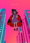  1girl absurdres black_cape black_hat black_shoes brown_hair building cape cellphone city commentary_request floating hat highres holding holding_phone kneehighs long_hair long_sleeves neruzou one-hour_drawing_challenge phone purple_skirt purple_vest red-framed_eyewear red_cape semi-rimless_eyewear shirt shoes skirt smartphone socks solo touhou translation_request two-sided_cape two-sided_fabric under-rim_eyewear usami_sumireko vest white_shirt white_socks 