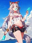  1girl absurdres animal_ear_fluff animal_ears armlet atelier_(series) atelier_karia benitama bikini black_shorts blue_eyes blush breasts cloud collarbone commentary_request earrings eyewear_on_head fluffy_tail food food_in_mouth grey_hair heart heart-shaped_eyewear highres hip_bones holding holding_food holding_popsicle jewelry karia_(atelier) long_hair looking_to_the_side medium_breasts melting_popsicle multicolored_eyes navel ocean official_art open_clothes open_fly open_shorts popsicle popsicle_in_mouth poster_(medium) promotional_art red_bikini sample_watermark see-through_clothes see-through_shirt shirt short_sleeves shorts side-tie_bikini_bottom single_earring solo spiked_hair stomach sunglasses sweatdrop swimsuit tail thighs tied_shirt very_long_hair walking watermark wet yellow_pupils 