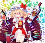  1girl absurdres alcohol ascot back_bow blonde_hair blush bottle bow cocktail cocktail_shaker collared_shirt commentary_request couch crystal crystal_wings cup drinking drinking_glass drunk flandre_scarlet frilled_shirt_collar frilled_skirt frills hat hat_ribbon highres holding holding_cup looking_at_viewer mob_cap multicolored_wings on_couch one_side_up red_eyes red_skirt red_vest ribbon shirt skirt skirt_set sleeve_bow solo taki.a01 tomato touhou vest vodka white_bow white_hat white_shirt wings yellow_ascot 